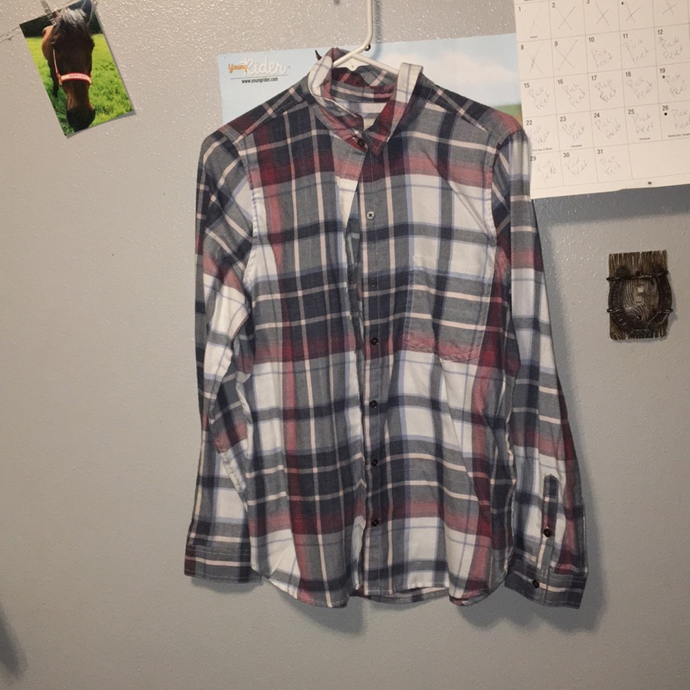 Greyish blue, red, white flannel. Size L.